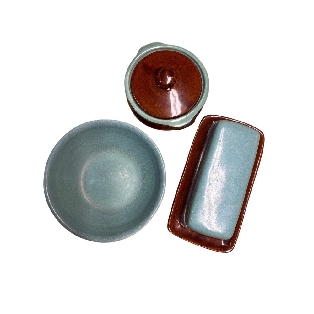 Vintage Stoneware 3pc Set Brown Teal Butter Dish Lidded Crock Serving Bowl
